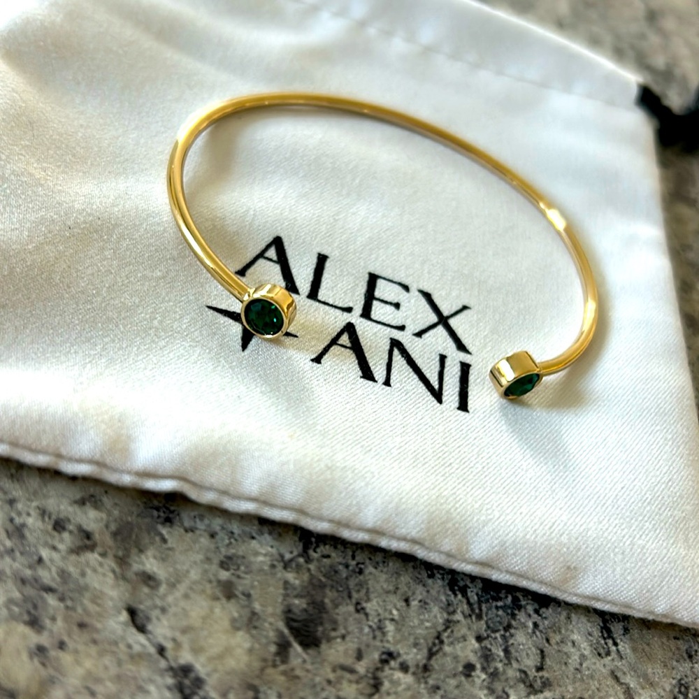Alex + Ani Flex Cuff Bracelet Emerald Wear For Luck & Prosperity Shiny Gold